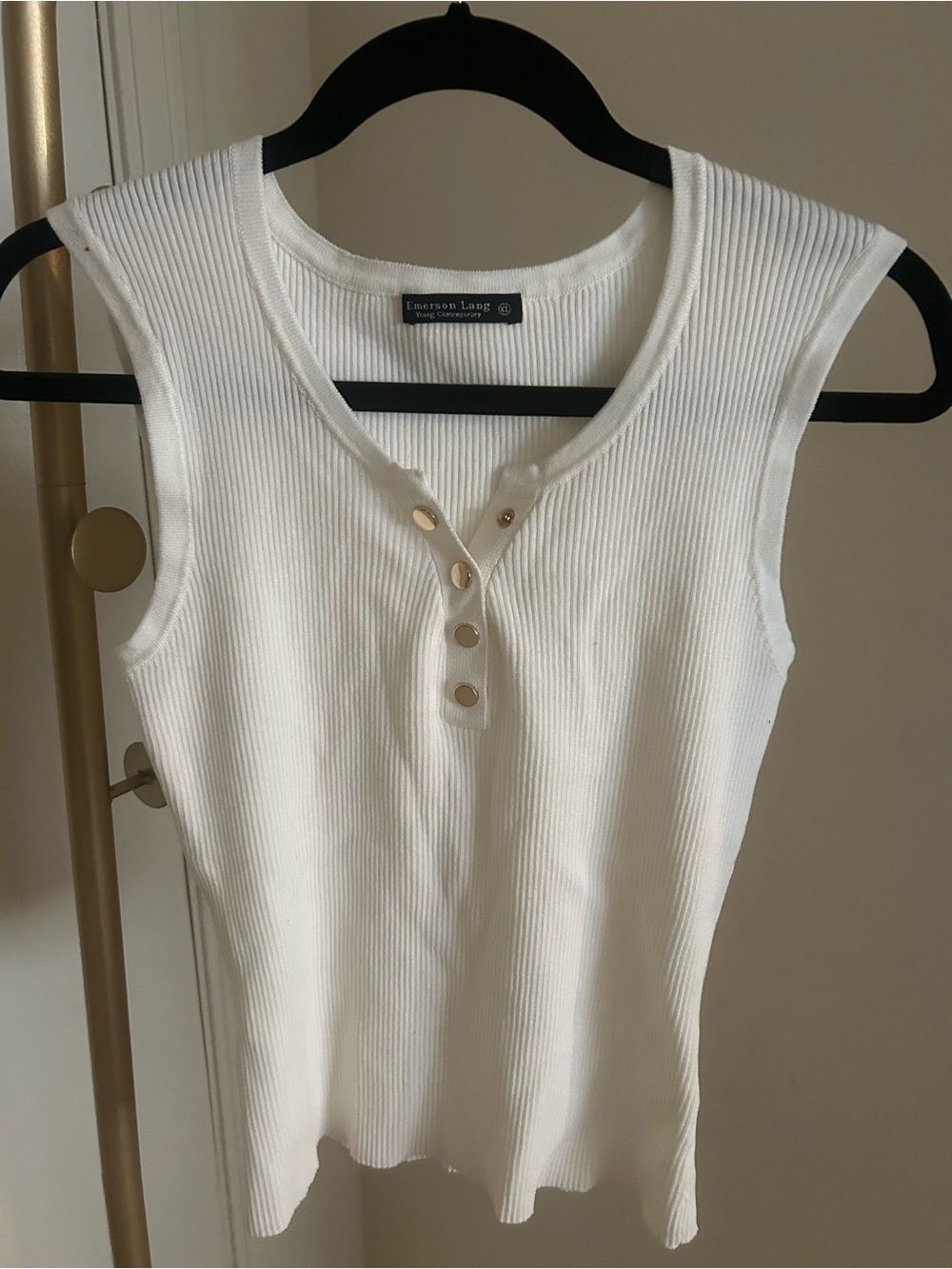 Emerson Lang White Ribbed Henley Tank Top Gold Button Sleeveless